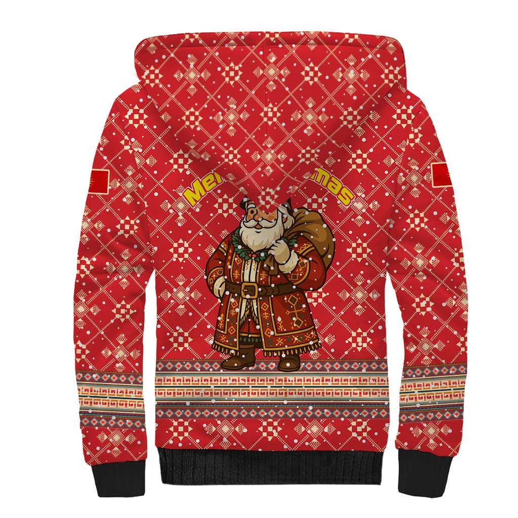 Macedonia Christmas Sherpa Hoodie with Traditional Santa and Yellow Sun Motif - Wonder Print Shop