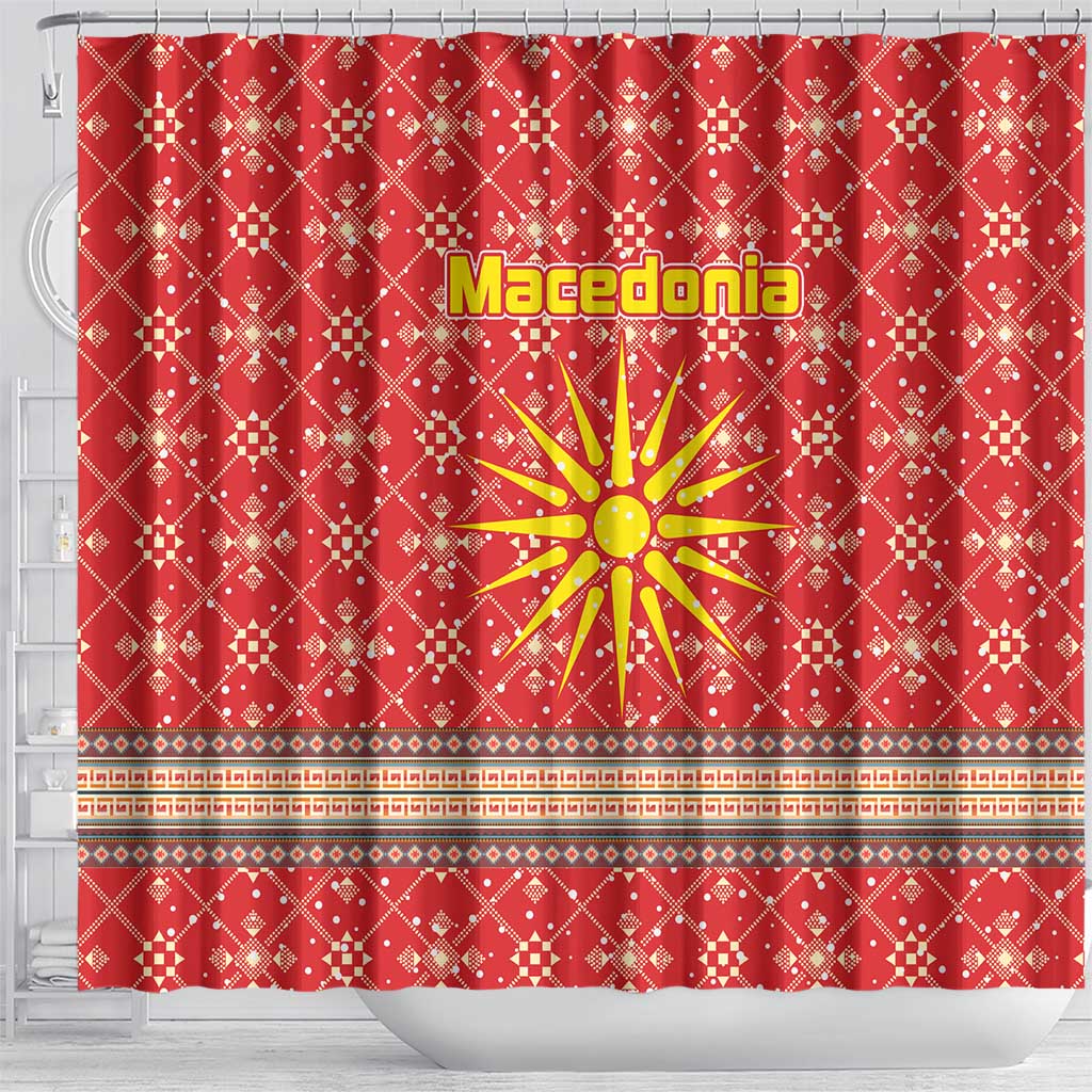 Macedonia Christmas Shower Curtain with Traditional Santa and Yellow Sun Motif - Wonder Print Shop