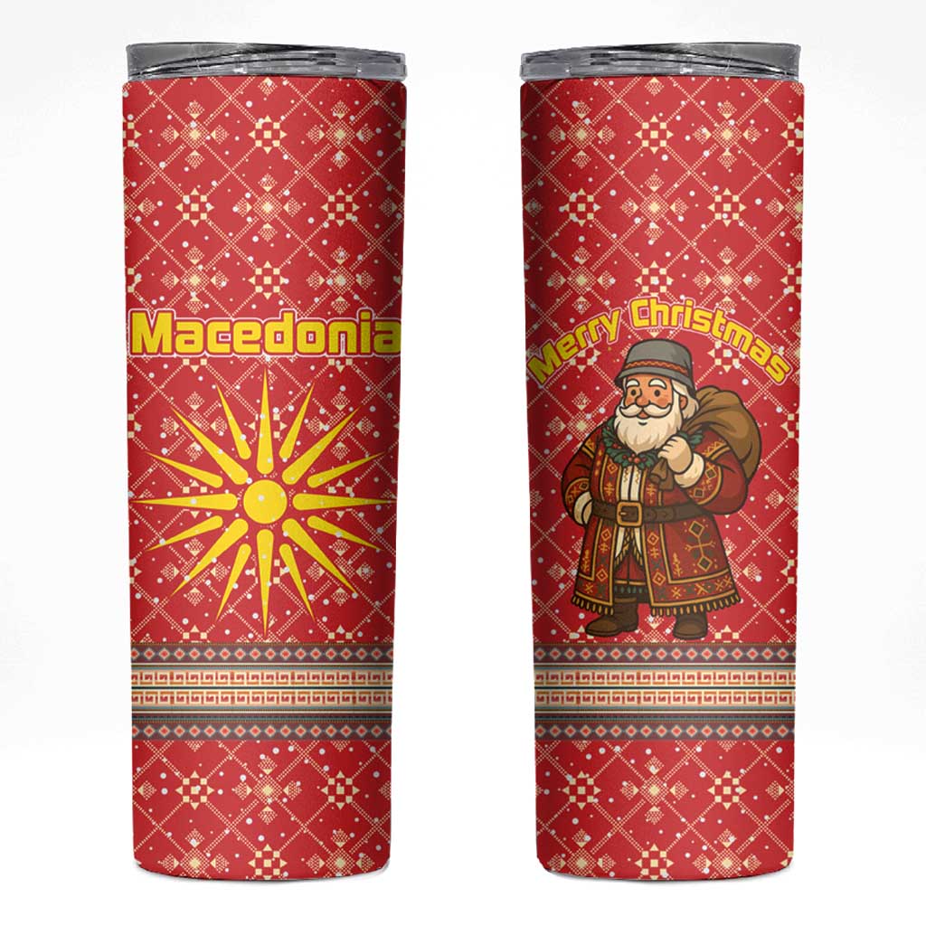 Macedonia Christmas Skinny Tumbler with Traditional Santa and Yellow Sun Motif - Wonder Print Shop