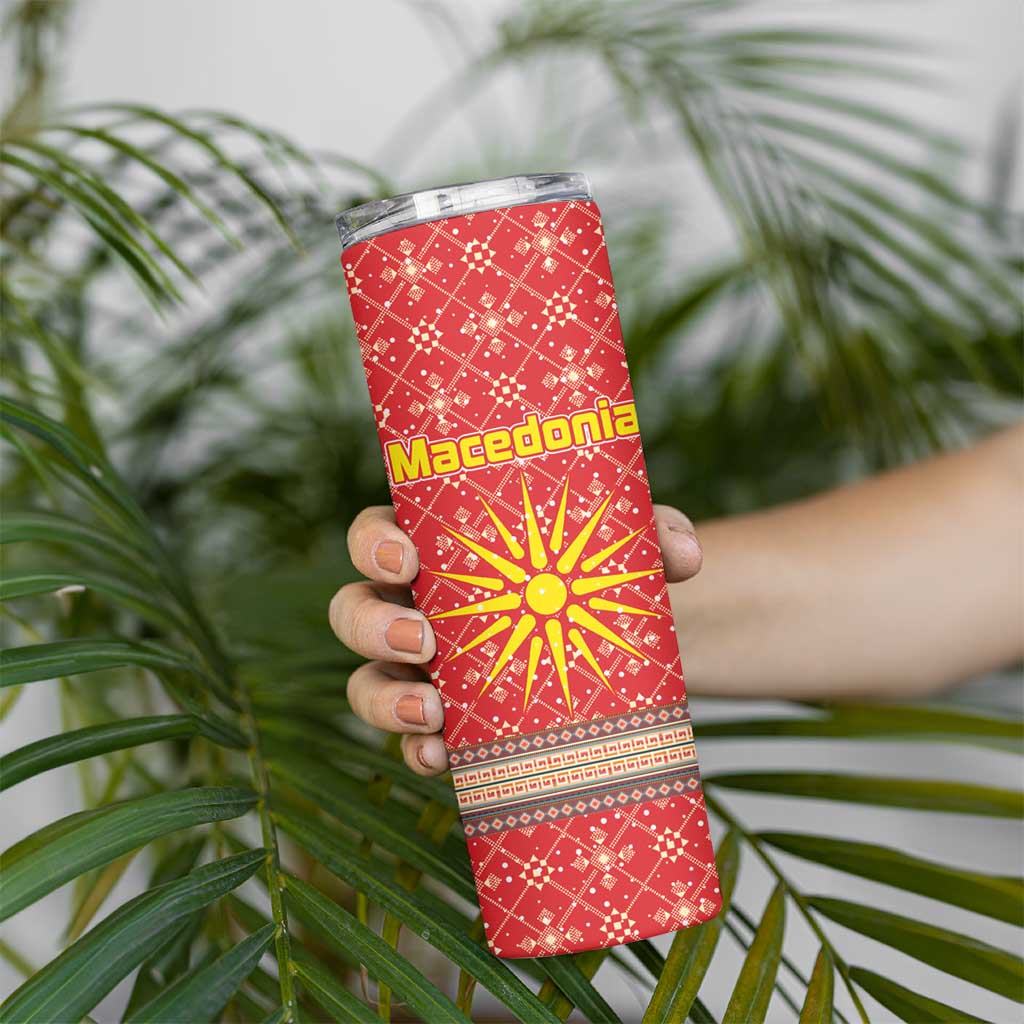 Macedonia Christmas Skinny Tumbler with Traditional Santa and Yellow Sun Motif - Wonder Print Shop