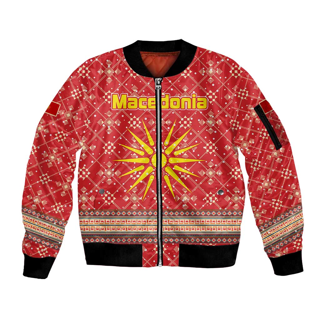 Macedonia Christmas Sleeve Zip Bomber Jacket with Traditional Santa and Yellow Sun Motif - Wonder Print Shop
