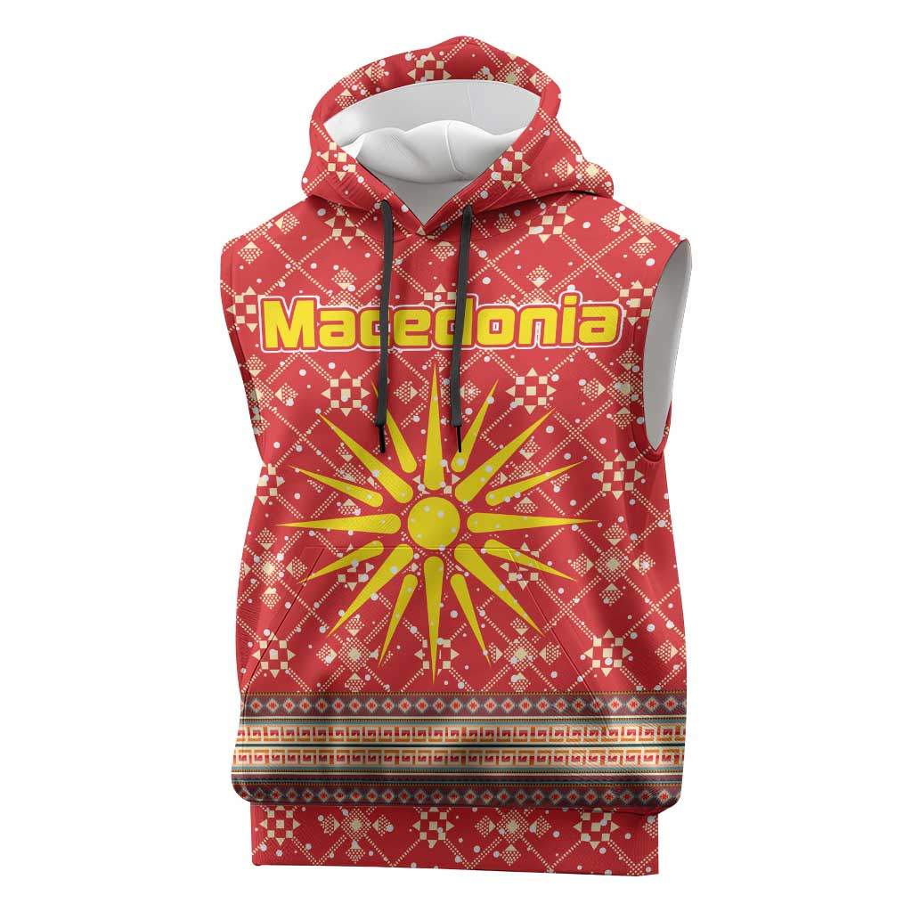 Macedonia Christmas Sleeveless Hoodie with Traditional Santa and Yellow Sun Motif - Wonder Print Shop