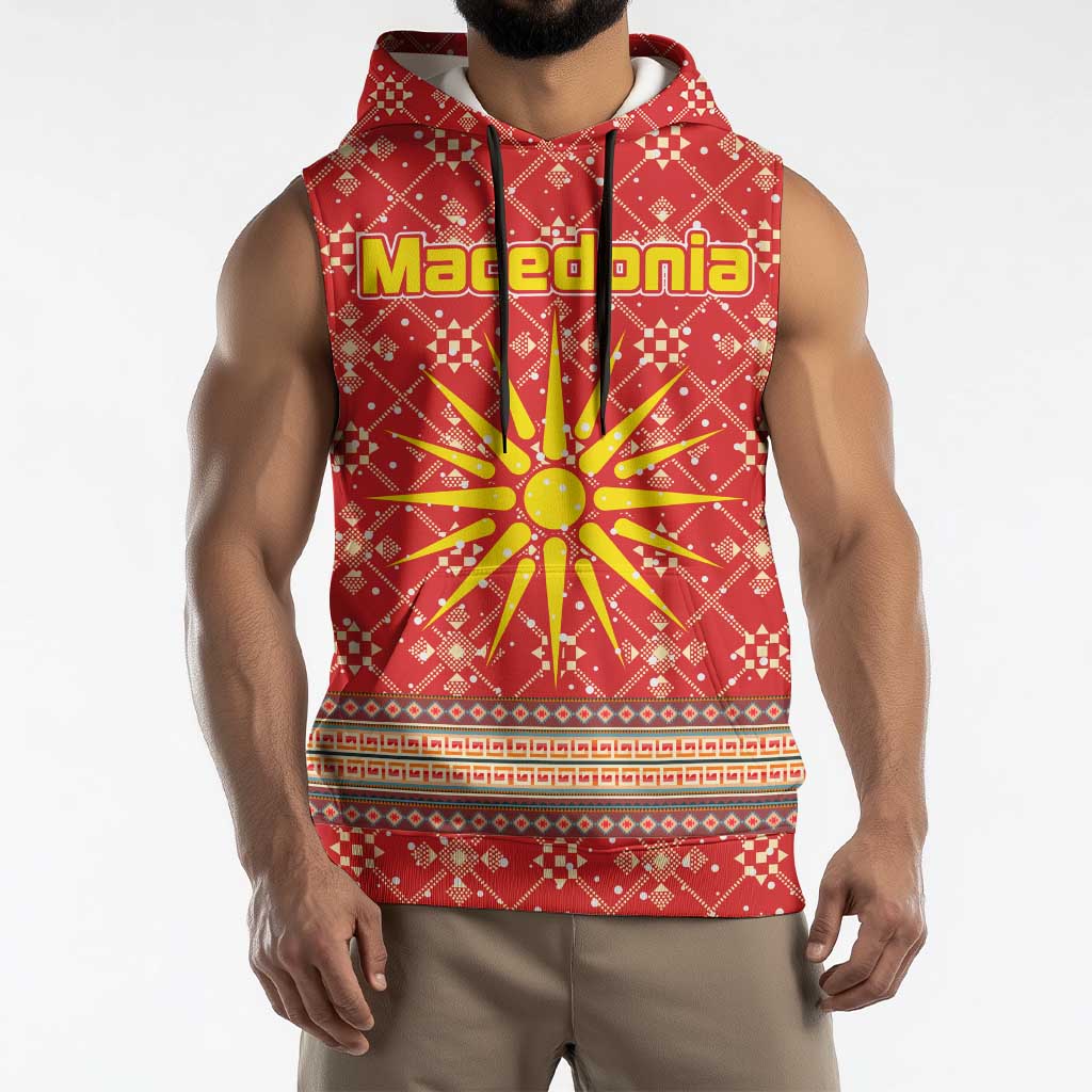 Macedonia Christmas Sleeveless Hoodie with Traditional Santa and Yellow Sun Motif - Wonder Print Shop