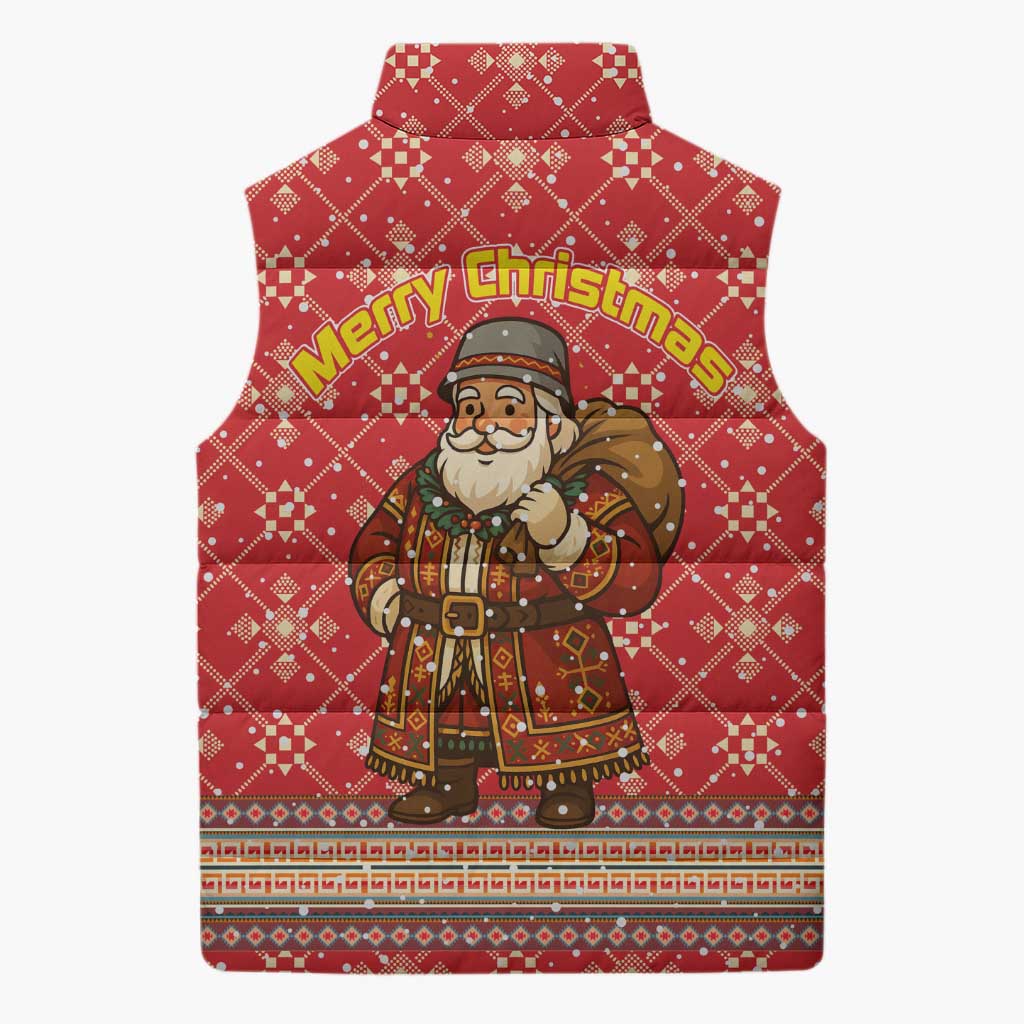Macedonia Christmas Sleeveless Puffer Jacket with Traditional Santa and Yellow Sun Motif - Wonder Print Shop