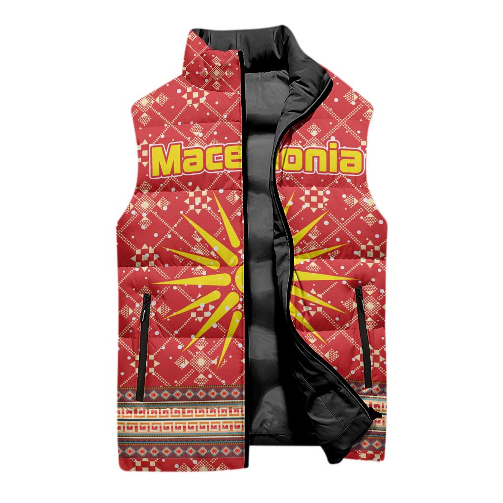 Macedonia Christmas Sleeveless Puffer Jacket with Traditional Santa and Yellow Sun Motif - Wonder Print Shop