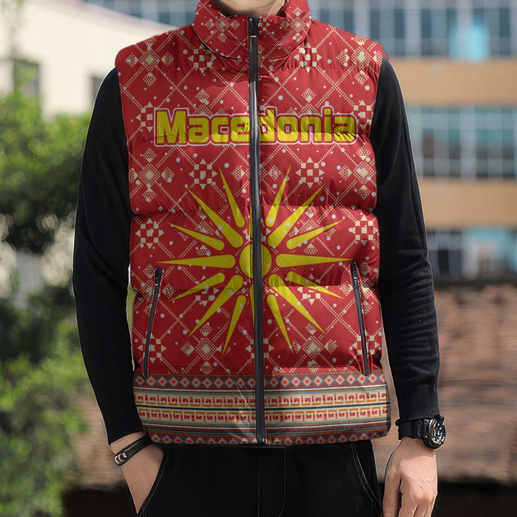 Macedonia Christmas Sleeveless Puffer Jacket with Traditional Santa and Yellow Sun Motif - Wonder Print Shop