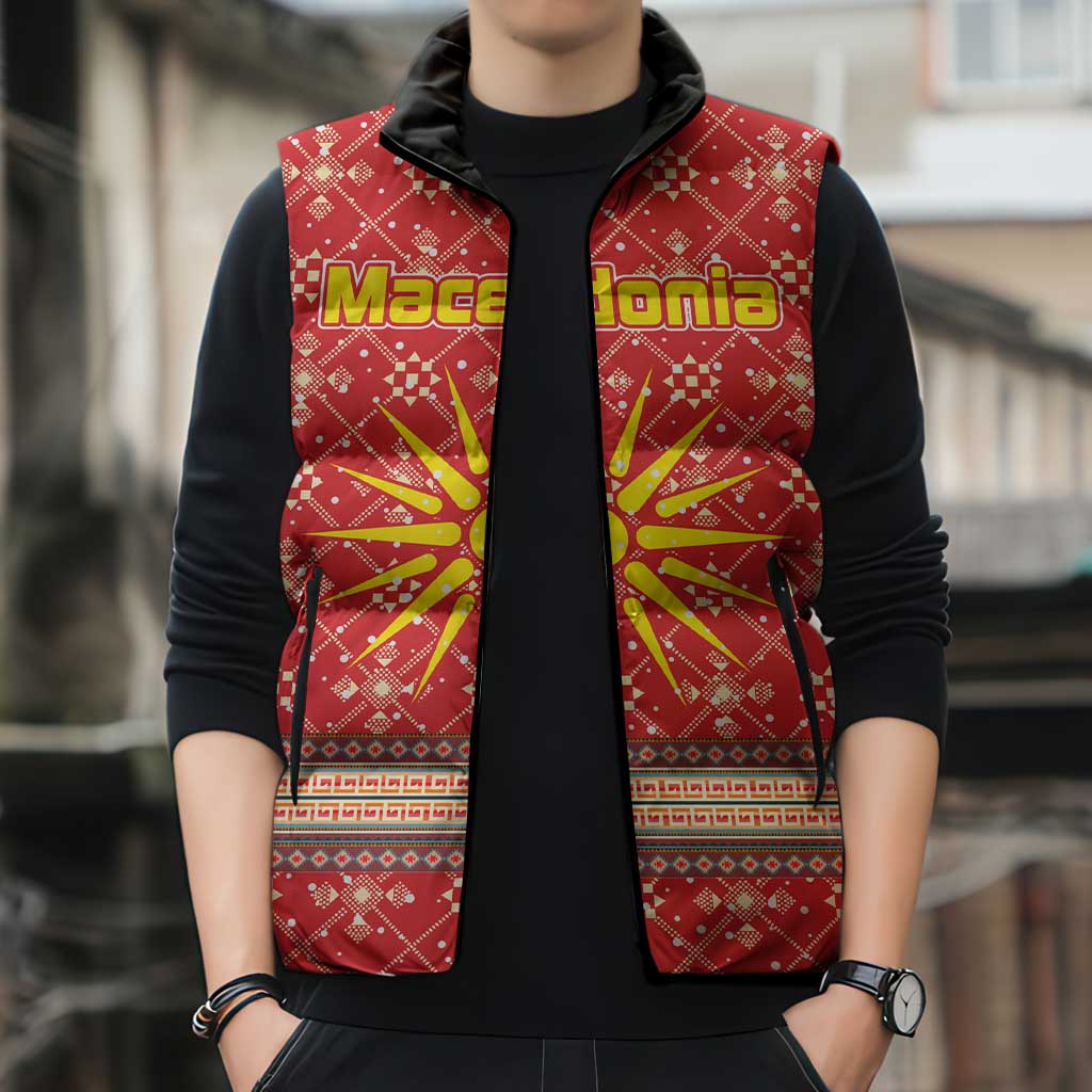 Macedonia Christmas Sleeveless Puffer Jacket with Traditional Santa and Yellow Sun Motif - Wonder Print Shop