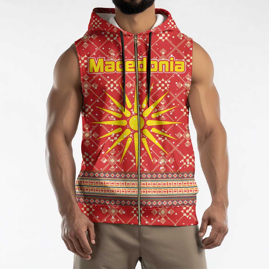 Macedonia Christmas Sleeveless Zip Hoodie with Traditional Santa and Yellow Sun Motif - Wonder Print Shop