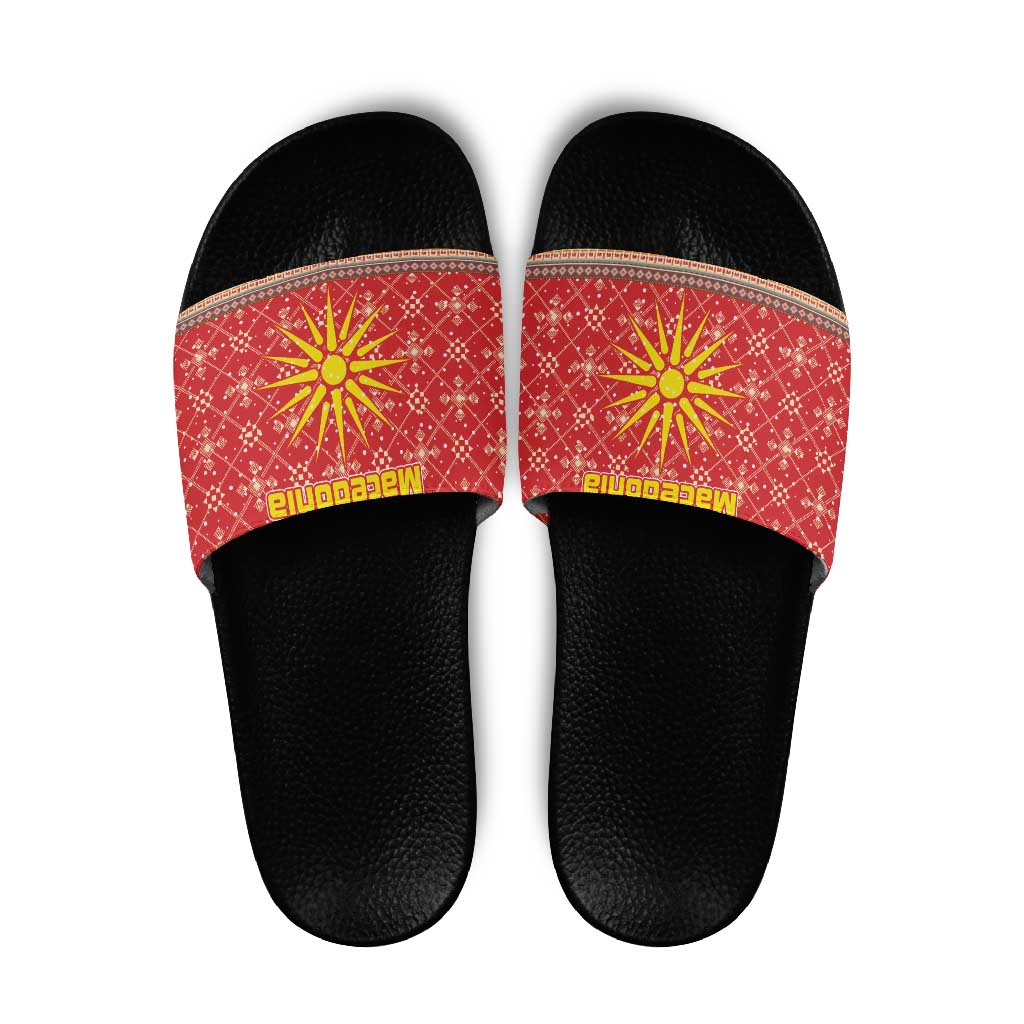 Macedonia Christmas Slide Sandals with Traditional Santa and Yellow Sun Motif - Wonder Print Shop