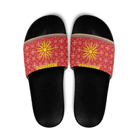 Macedonia Christmas Slide Sandals with Traditional Santa and Yellow Sun Motif - Wonder Print Shop