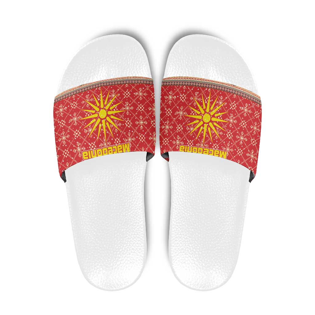 Macedonia Christmas Slide Sandals with Traditional Santa and Yellow Sun Motif - Wonder Print Shop