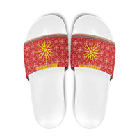 Macedonia Christmas Slide Sandals with Traditional Santa and Yellow Sun Motif - Wonder Print Shop