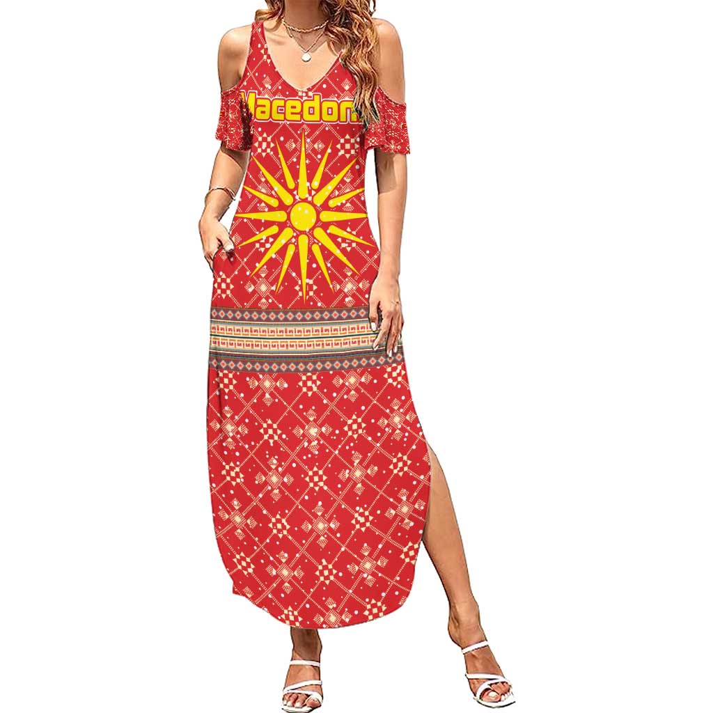 Macedonia Christmas Summer Maxi Dress with Traditional Santa and Yellow Sun Motif - Wonder Print Shop