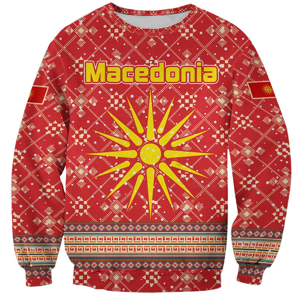 Macedonia Christmas Sweatshirt with Traditional Santa and Yellow Sun Motif - Wonder Print Shop