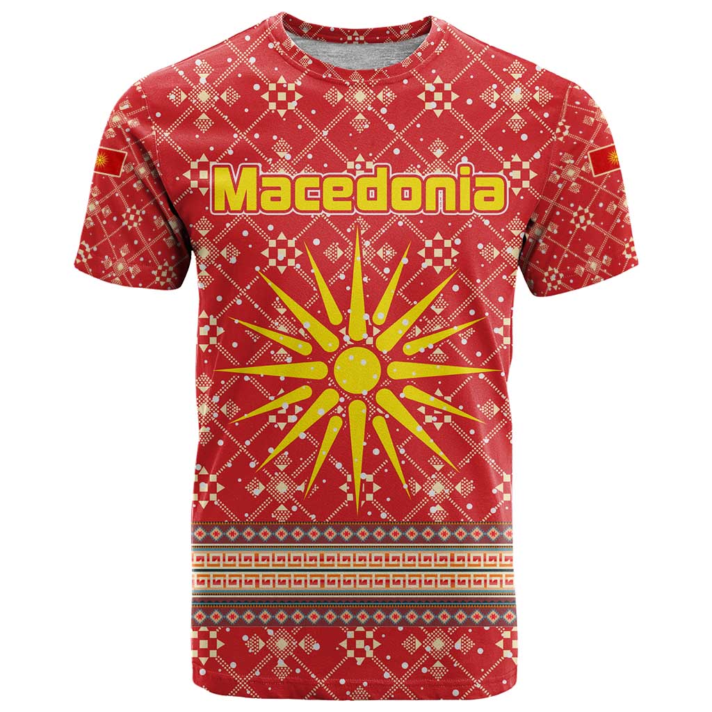 Macedonia Christmas T Shirt with Traditional Santa and Yellow Sun Motif - Wonder Print Shop