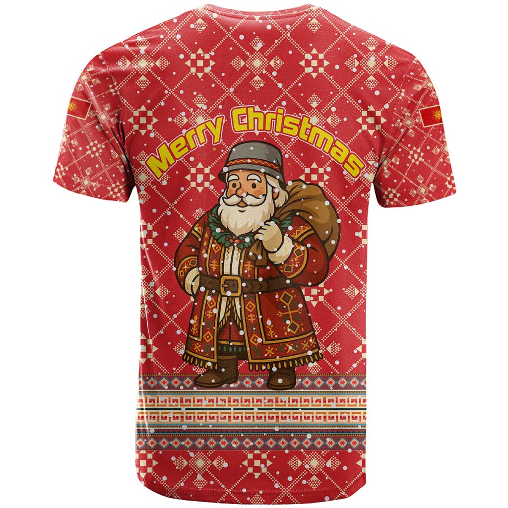 Macedonia Christmas T Shirt with Traditional Santa and Yellow Sun Motif - Wonder Print Shop