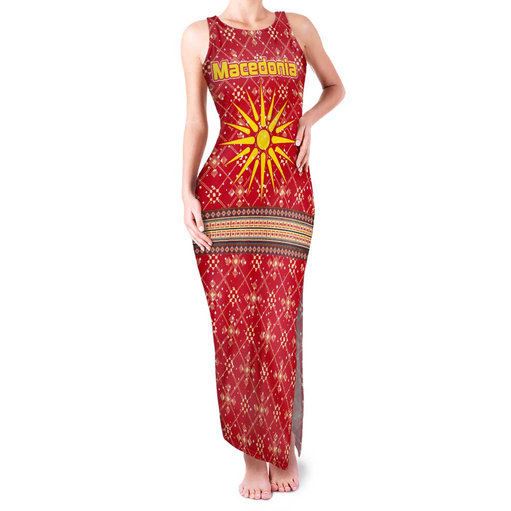 Macedonia Christmas Tank Maxi Dress with Traditional Santa and Yellow Sun Motif - Wonder Print Shop