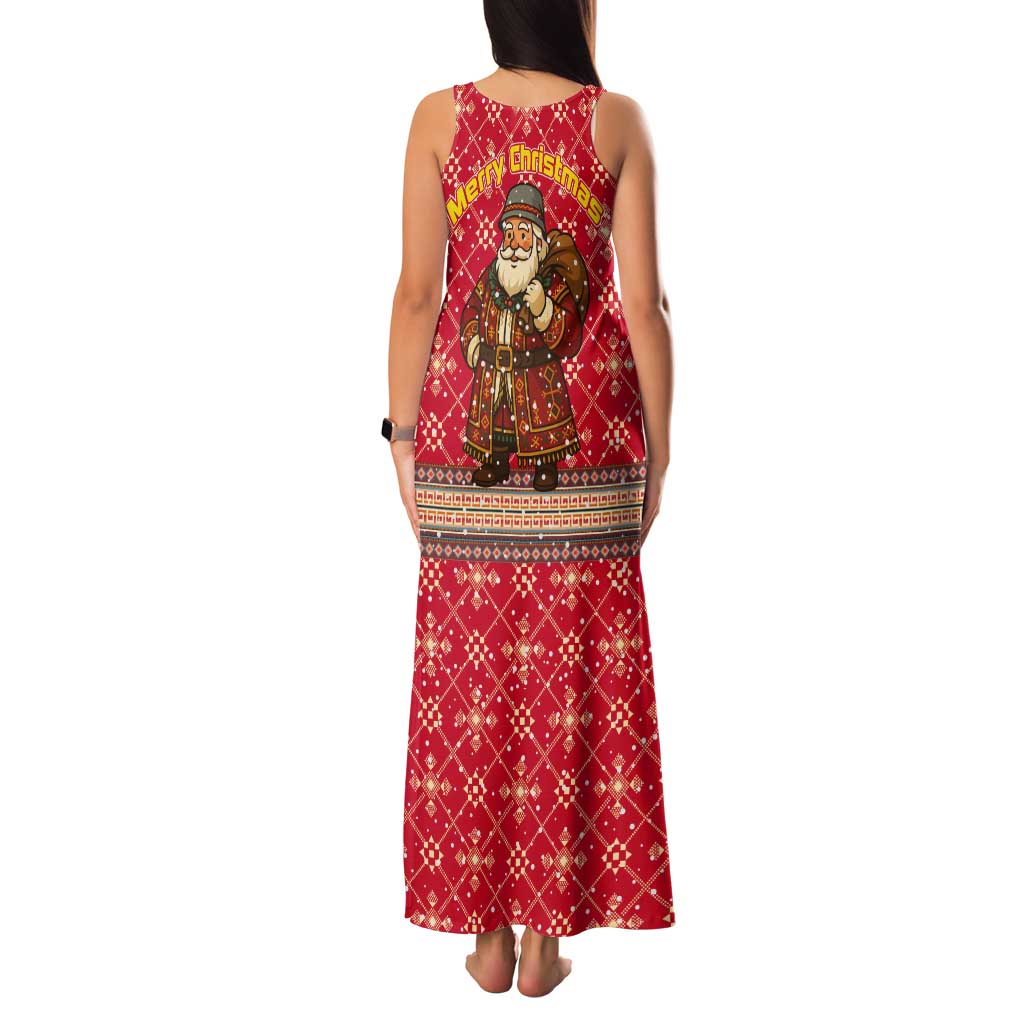 Macedonia Christmas Tank Maxi Dress with Traditional Santa and Yellow Sun Motif - Wonder Print Shop
