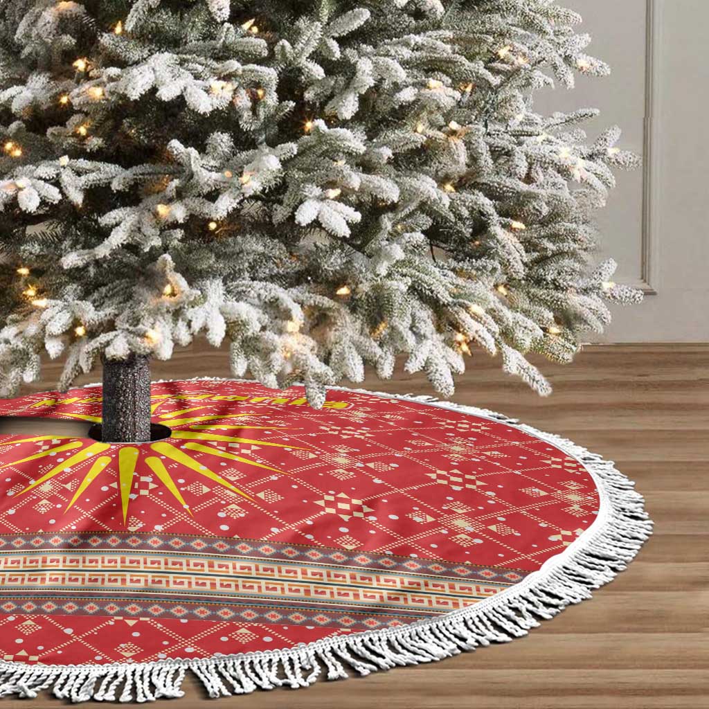 Macedonia Christmas Tree Skirt with Traditional Santa and Yellow Sun Motif - Wonder Print Shop