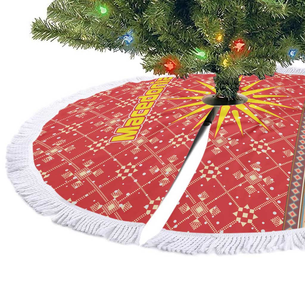 Macedonia Christmas Tree Skirt with Traditional Santa and Yellow Sun Motif - Wonder Print Shop