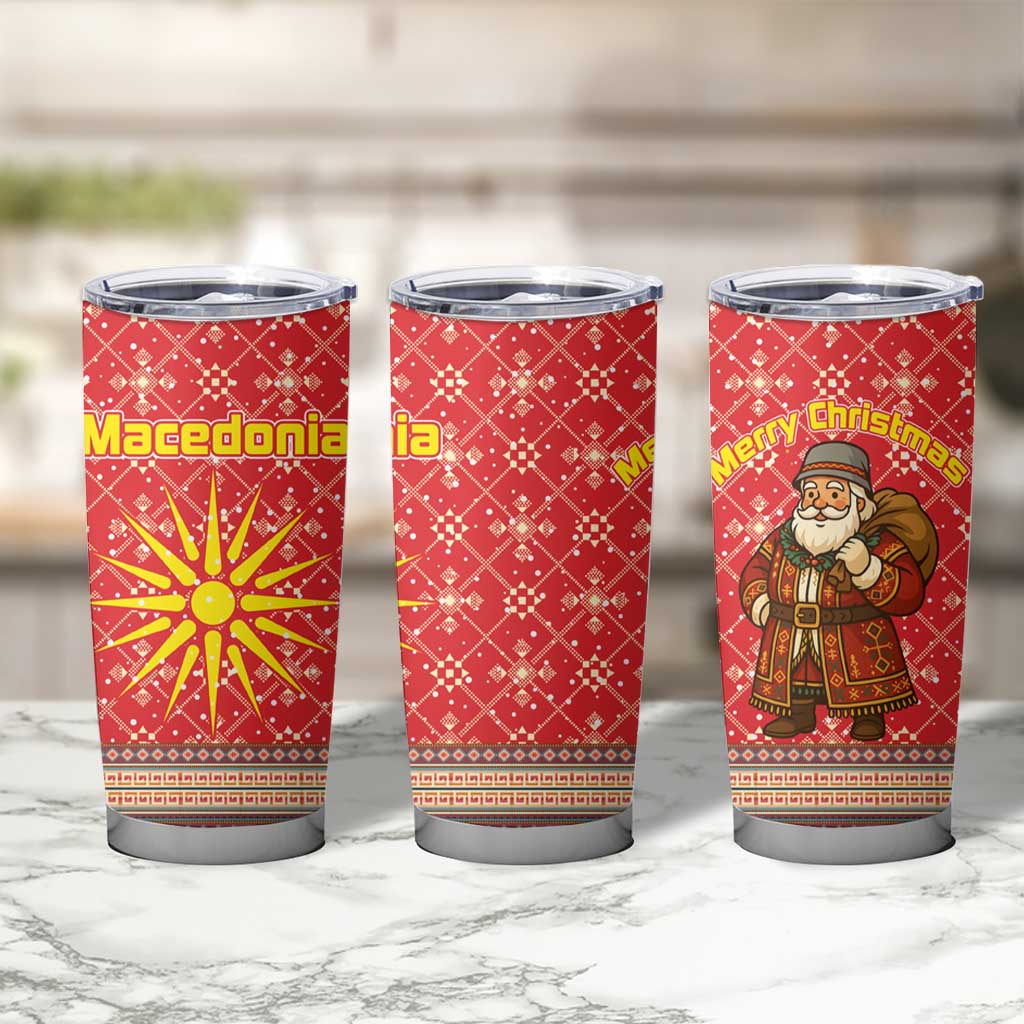 Macedonia Christmas Tumbler Cup with Traditional Santa and Yellow Sun Motif - Wonder Print Shop
