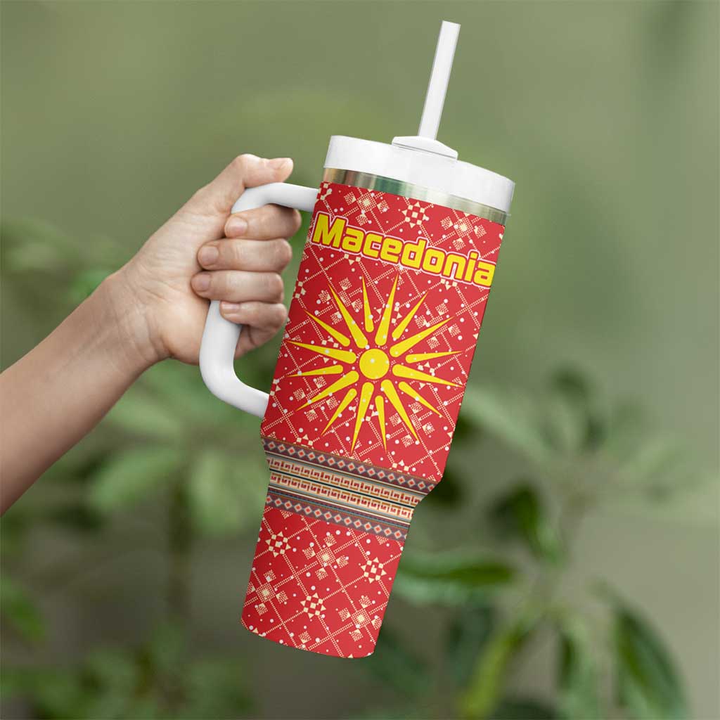 Macedonia Christmas Tumbler With Handle with Traditional Santa and Yellow Sun Motif - Wonder Print Shop
