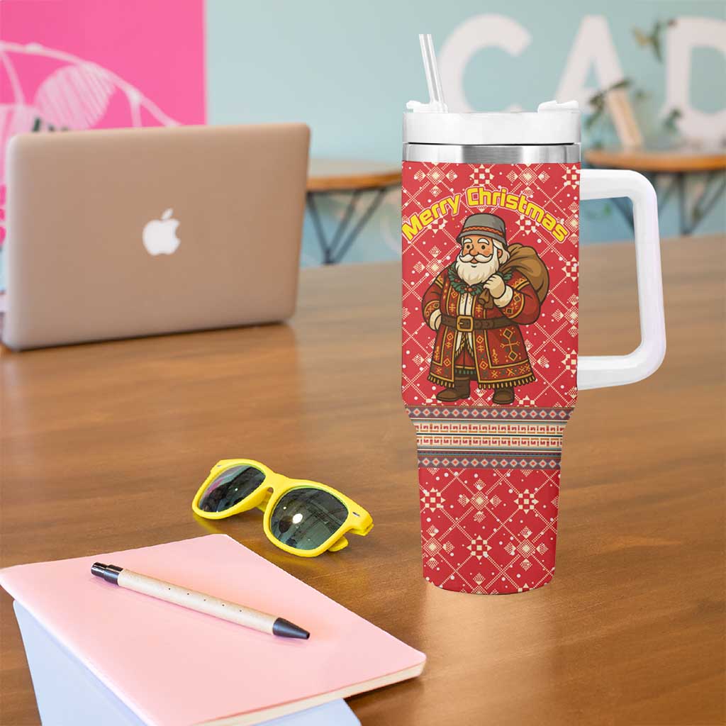 Macedonia Christmas Tumbler With Handle with Traditional Santa and Yellow Sun Motif - Wonder Print Shop
