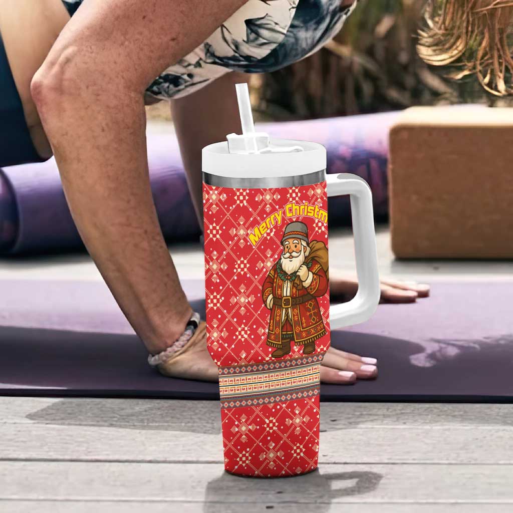 Macedonia Christmas Tumbler With Handle with Traditional Santa and Yellow Sun Motif - Wonder Print Shop