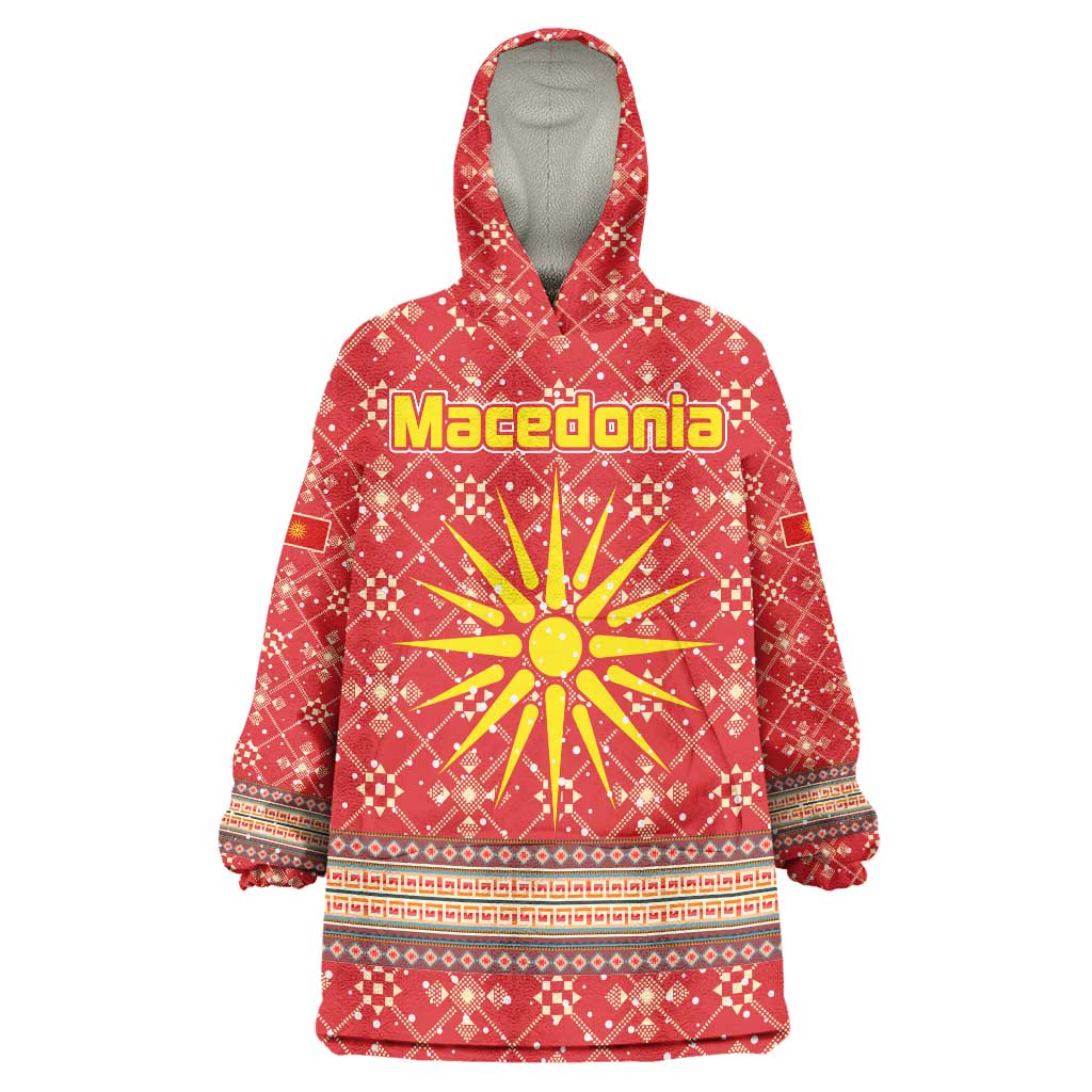 Macedonia Christmas Wearable Blanket Hoodie with Traditional Santa and Yellow Sun Motif - Wonder Print Shop