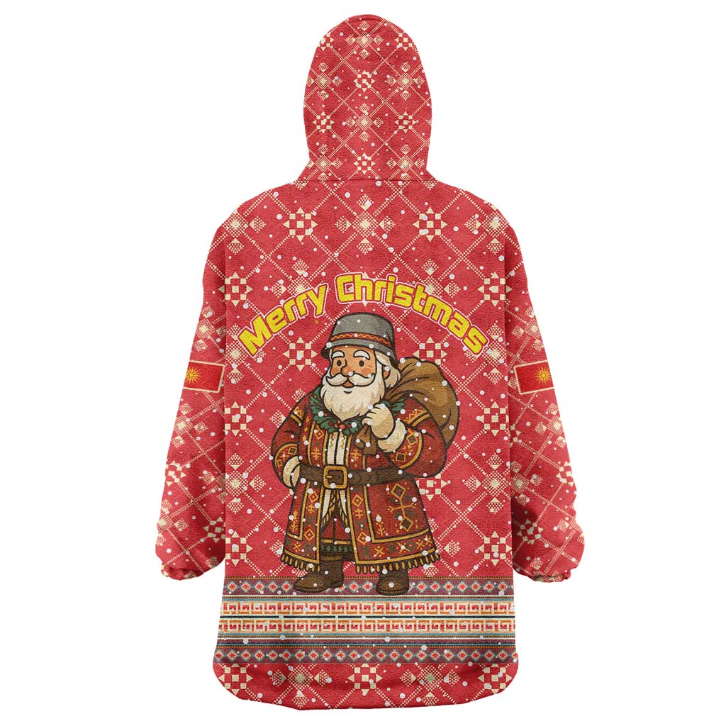 Macedonia Christmas Wearable Blanket Hoodie with Traditional Santa and Yellow Sun Motif - Wonder Print Shop