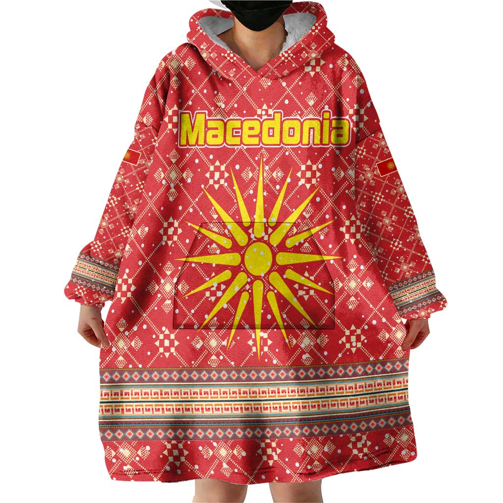 Macedonia Christmas Wearable Blanket Hoodie with Traditional Santa and Yellow Sun Motif - Wonder Print Shop