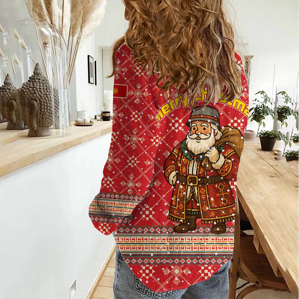 Macedonia Christmas Women Casual Shirt with Traditional Santa and Yellow Sun Motif - Wonder Print Shop