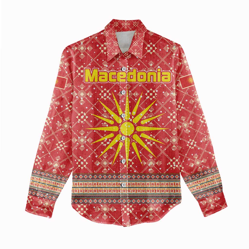 Macedonia Christmas Women Casual Shirt with Traditional Santa and Yellow Sun Motif - Wonder Print Shop