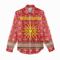 Macedonia Christmas Women Casual Shirt with Traditional Santa and Yellow Sun Motif - Wonder Print Shop