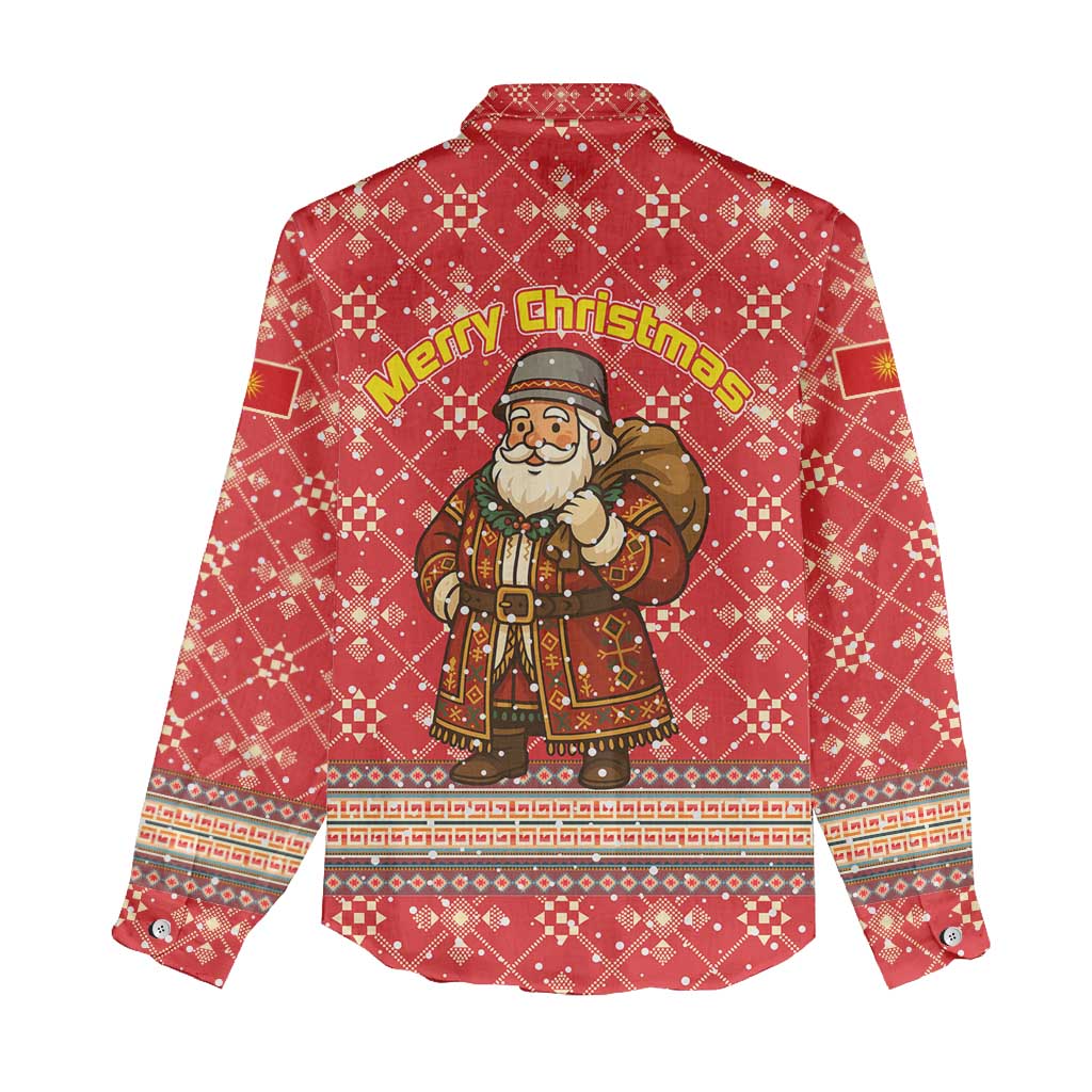 Macedonia Christmas Women Casual Shirt with Traditional Santa and Yellow Sun Motif - Wonder Print Shop