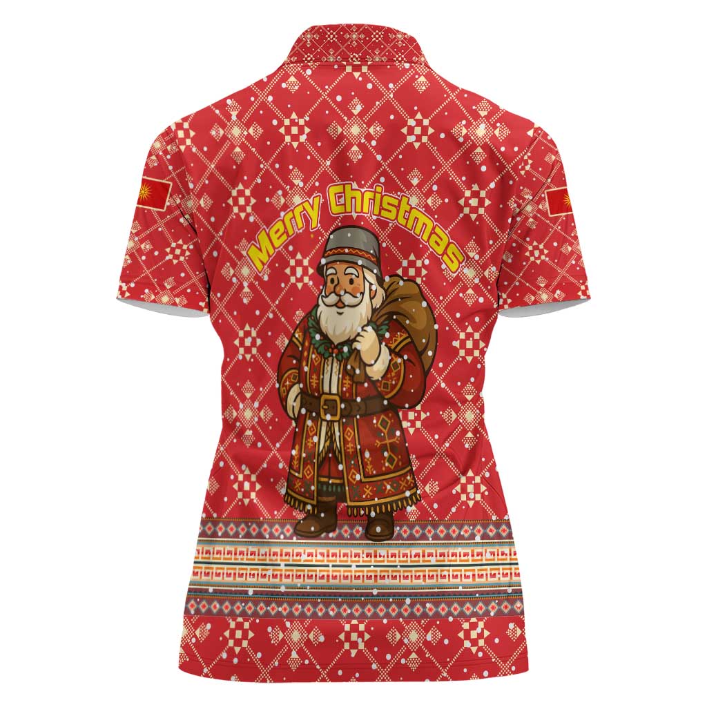 Macedonia Christmas Women Polo Shirt with Traditional Santa and Yellow Sun Motif - Wonder Print Shop