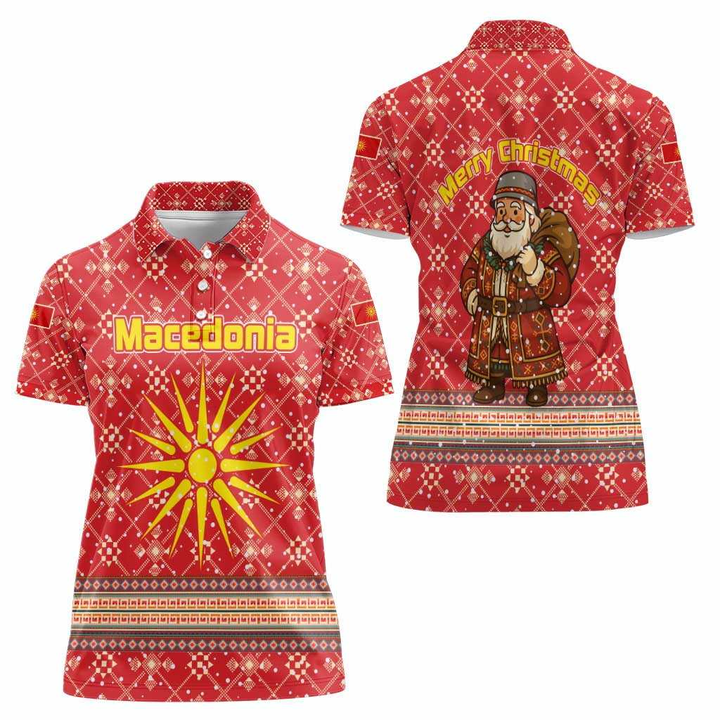 Macedonia Christmas Women Polo Shirt with Traditional Santa and Yellow Sun Motif - Wonder Print Shop