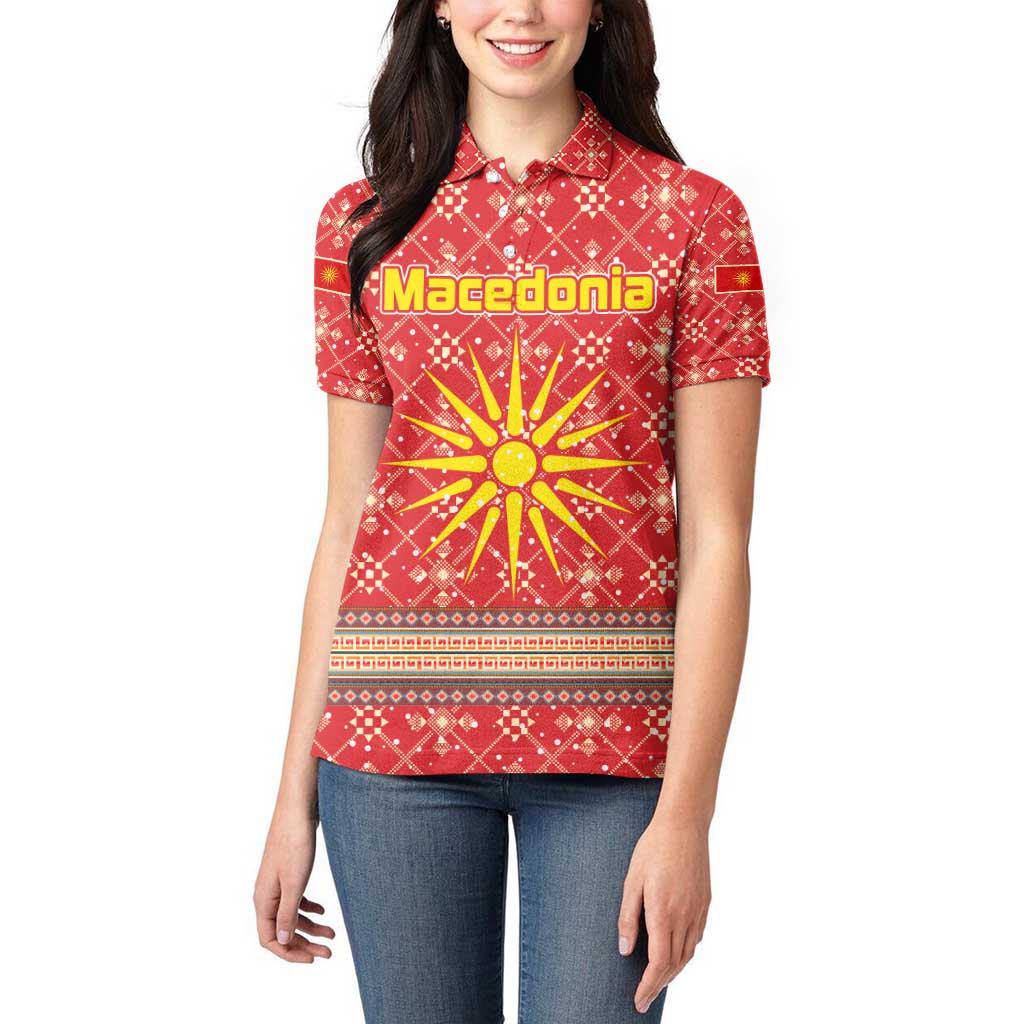 Macedonia Christmas Women Polo Shirt with Traditional Santa and Yellow Sun Motif - Wonder Print Shop