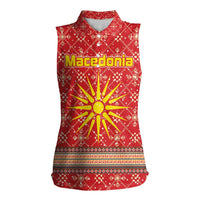 Macedonia Christmas Women Sleeveless Polo Shirt with Traditional Santa and Yellow Sun Motif - Wonder Print Shop