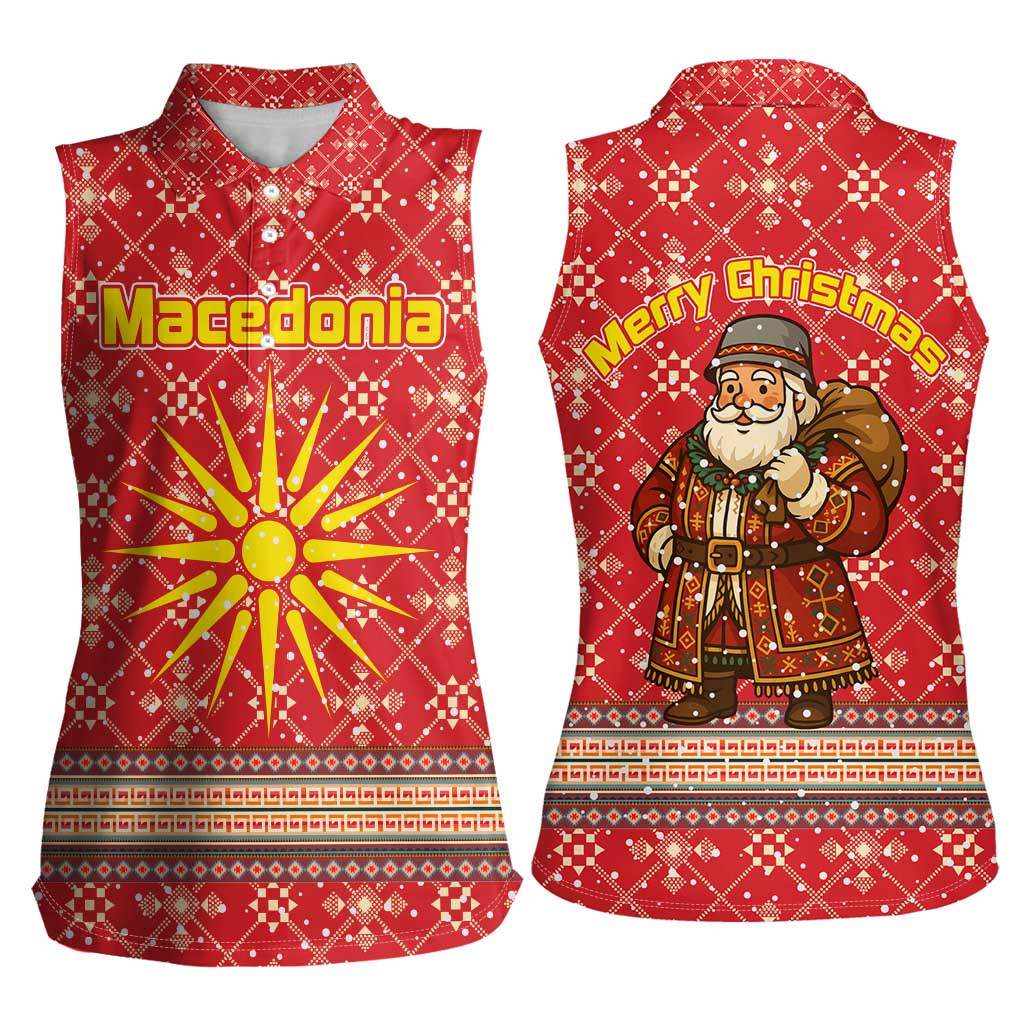 Macedonia Christmas Women Sleeveless Polo Shirt with Traditional Santa and Yellow Sun Motif - Wonder Print Shop