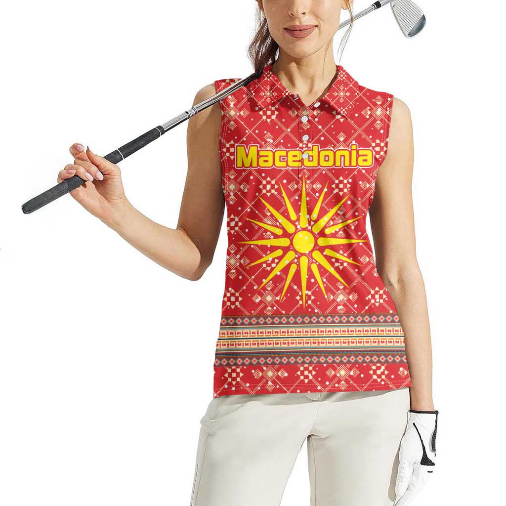 Macedonia Christmas Women Sleeveless Polo Shirt with Traditional Santa and Yellow Sun Motif - Wonder Print Shop