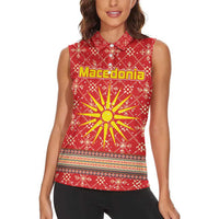 Macedonia Christmas Women Sleeveless Polo Shirt with Traditional Santa and Yellow Sun Motif - Wonder Print Shop