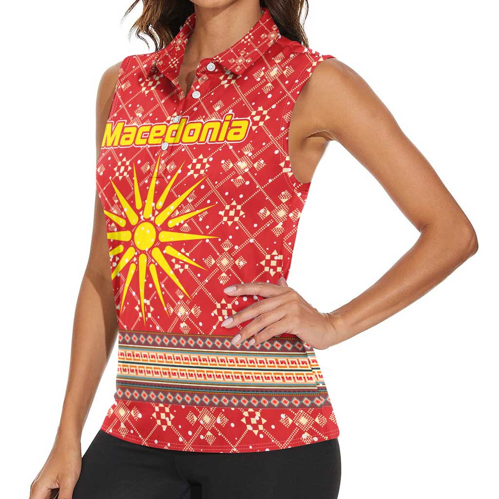 Macedonia Christmas Women Sleeveless Polo Shirt with Traditional Santa and Yellow Sun Motif - Wonder Print Shop