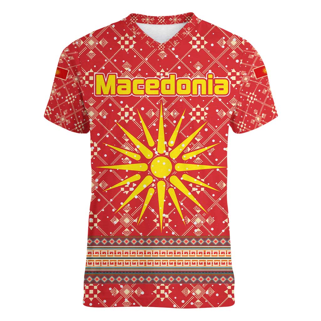 Macedonia Christmas Women V-Neck T-Shirt with Traditional Santa and Yellow Sun Motif - Wonder Print Shop