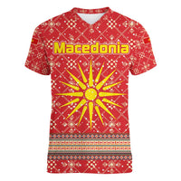 Macedonia Christmas Women V-Neck T-Shirt with Traditional Santa and Yellow Sun Motif - Wonder Print Shop