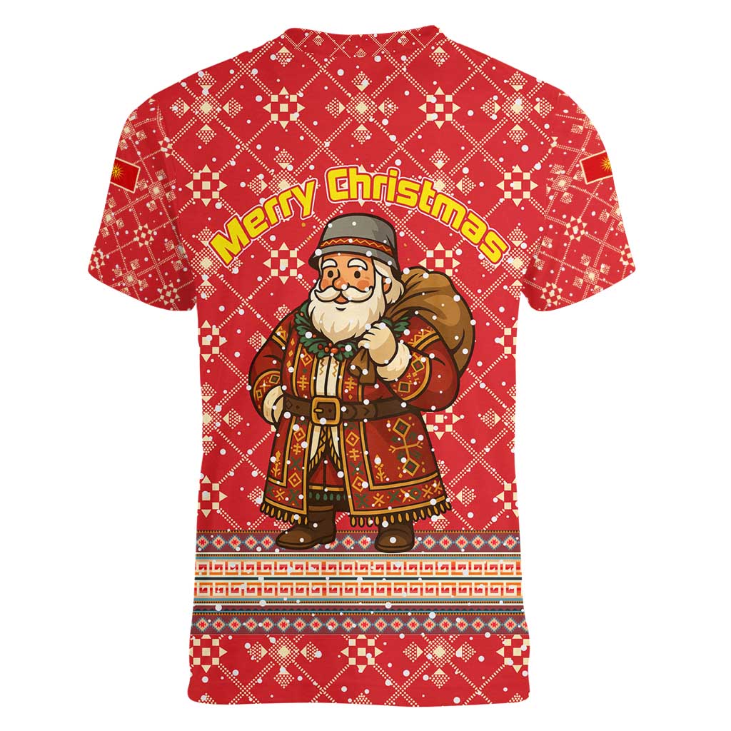 Macedonia Christmas Women V-Neck T-Shirt with Traditional Santa and Yellow Sun Motif - Wonder Print Shop