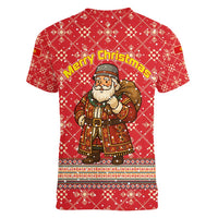 Macedonia Christmas Women V-Neck T-Shirt with Traditional Santa and Yellow Sun Motif - Wonder Print Shop