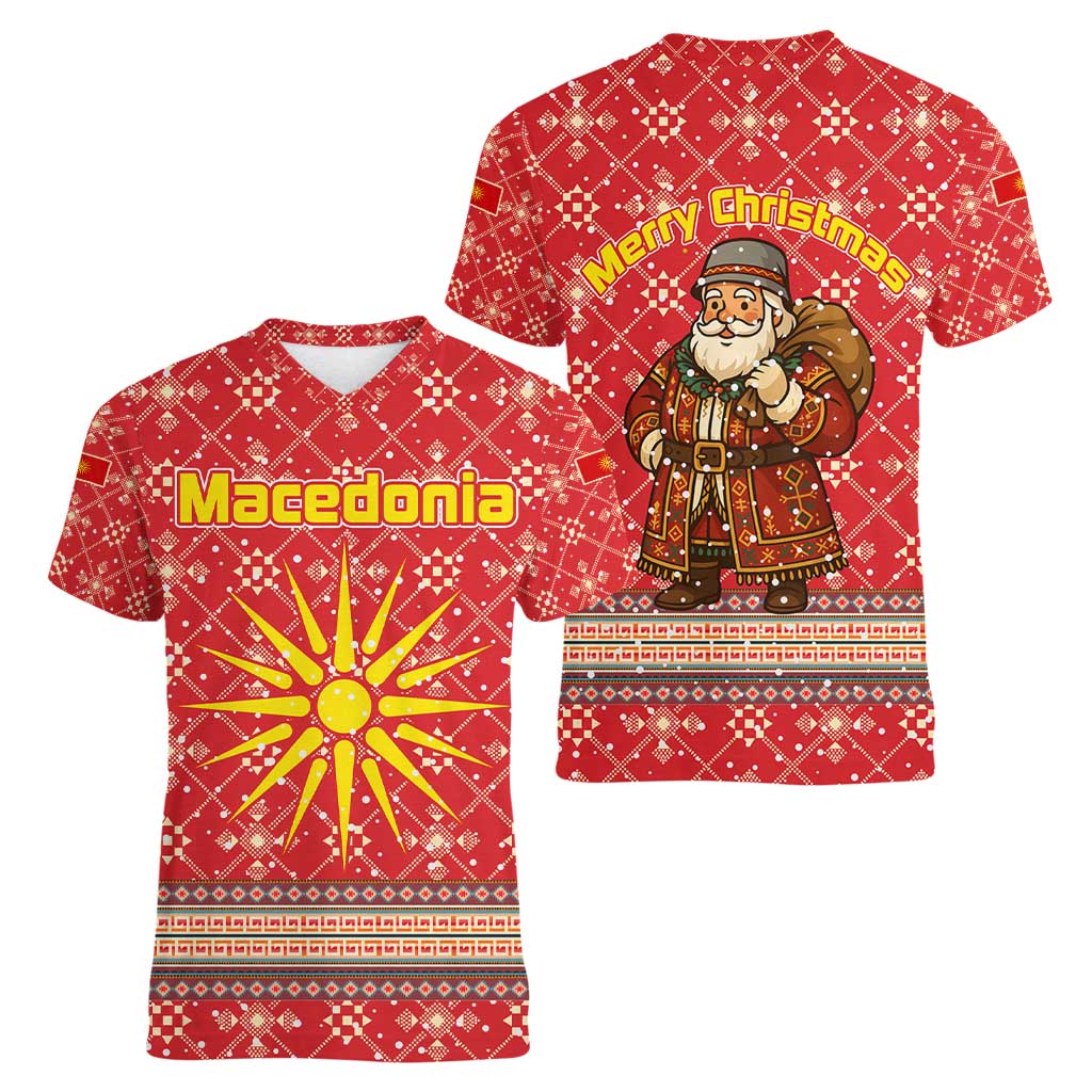 Macedonia Christmas Women V-Neck T-Shirt with Traditional Santa and Yellow Sun Motif - Wonder Print Shop
