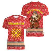 Macedonia Christmas Women V-Neck T-Shirt with Traditional Santa and Yellow Sun Motif - Wonder Print Shop