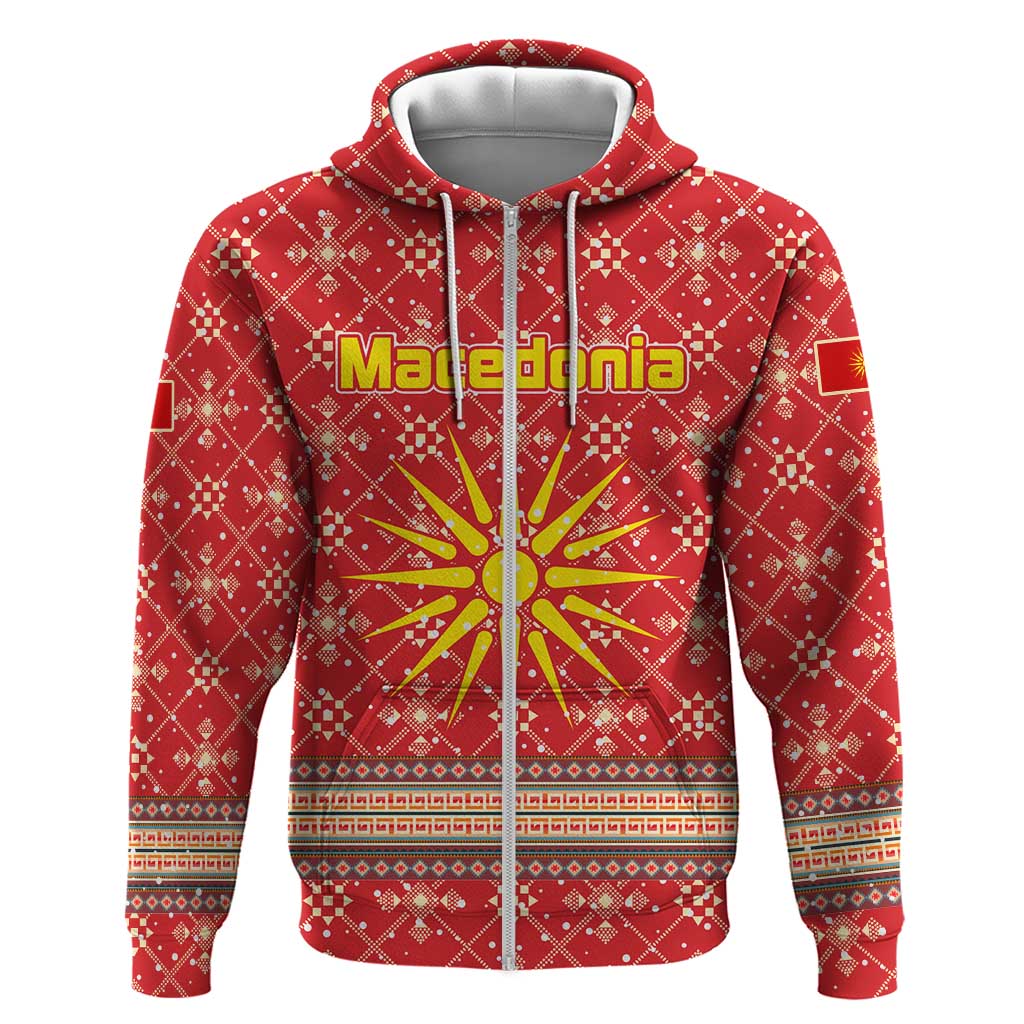 Macedonia Christmas Zip Hoodie with Traditional Santa and Yellow Sun Motif - Wonder Print Shop